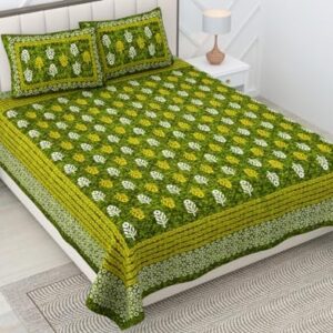 RajasthaniKart® Pure 100% Cotton Double Bed Sheet with 2 Pillow Covers (Bedsheet for Double Bed Cotton, Green Small Booty Jaipuri, King Size,5300)