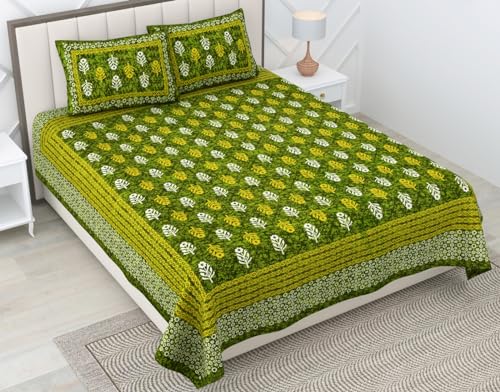 RajasthaniKart® Pure 100% Cotton Double Bed Sheet with 2 Pillow Covers (Bedsheet for Double Bed Cotton, Green Small Booty Jaipuri, King Size,5300) - Image 2