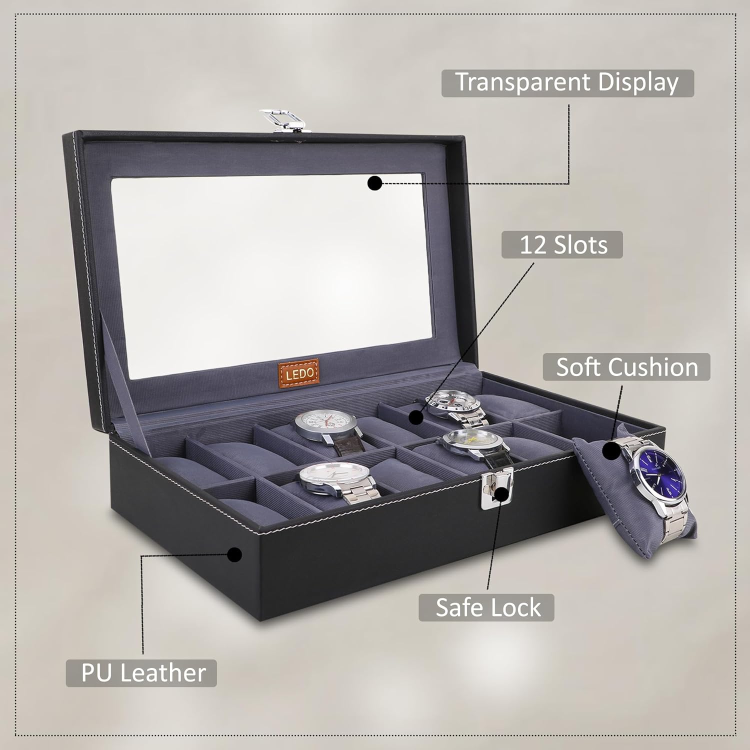 LEDO Men's and Women's Watch Box Holder Organizer Case In 12 Slots of watches In PU Leather with Black & Gray - Image 2